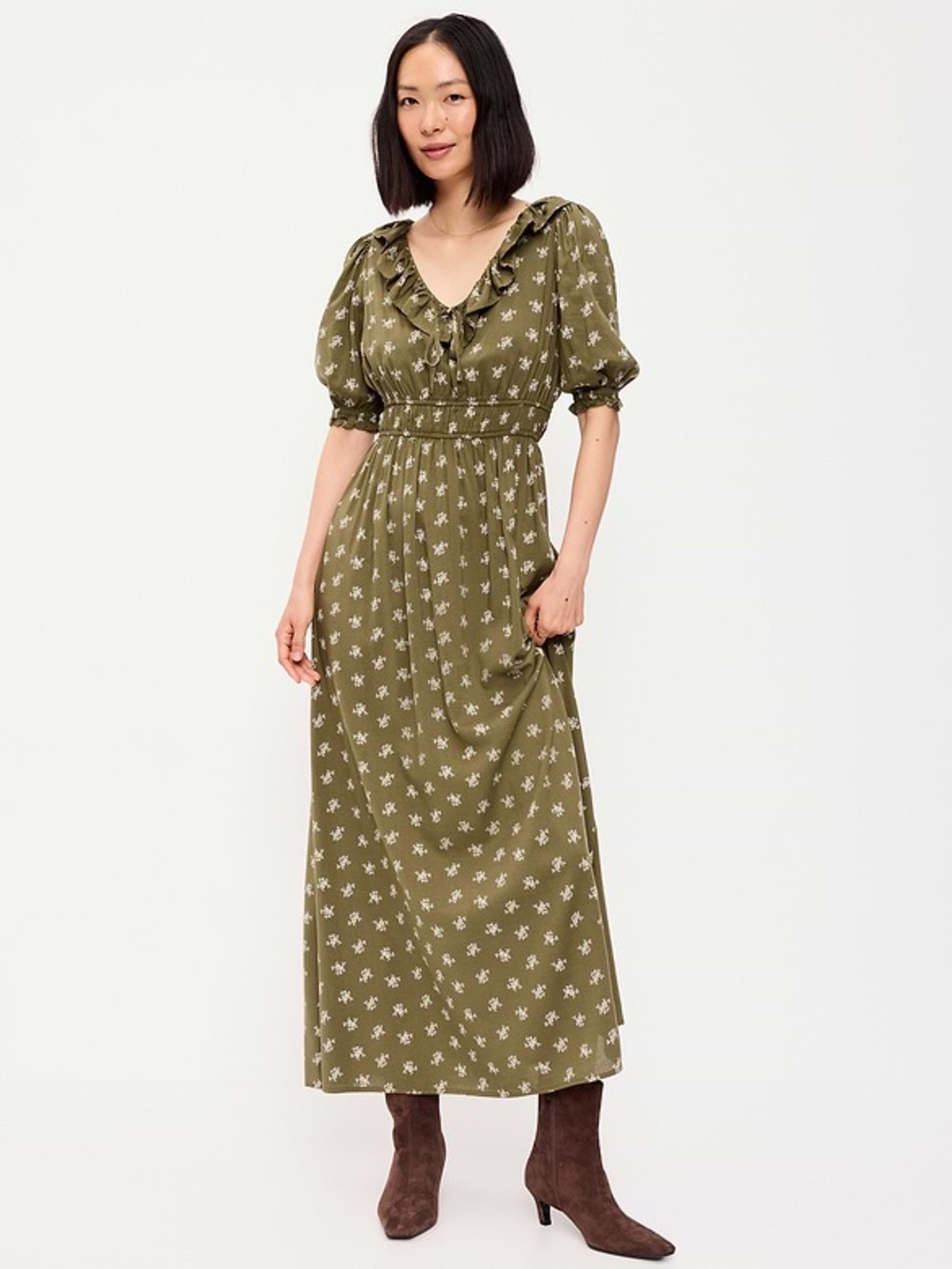 Old Navy Ruffle-Collar Boho Maxi Dress Green Floral Size Small NEW